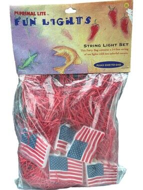 Vintage 1996 Primal Lite Fun Lights USA Flags 14ft String Of 10 Blinking Lights